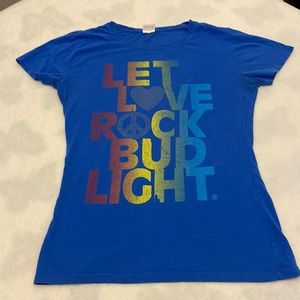 Bud Light fitted women tee medium/large Let Love Rock 💙☮️